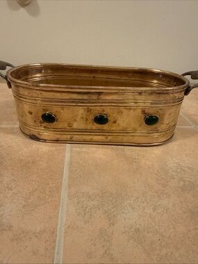 2 Vintage Brass Planters  W/Handles & Jewels Along The Side